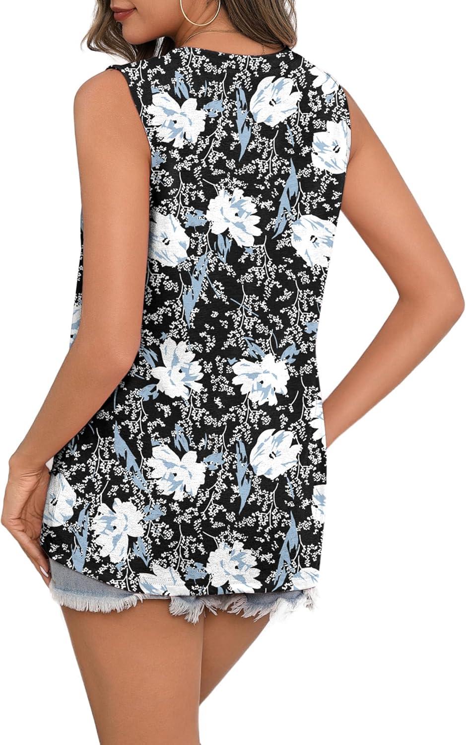imageZeagoo Beach Vacation Clothes for Women Pleated High Neck Flowy Sleeveless Tank Tops Summer Loose Fit Tunic BlousesBlack White Flower