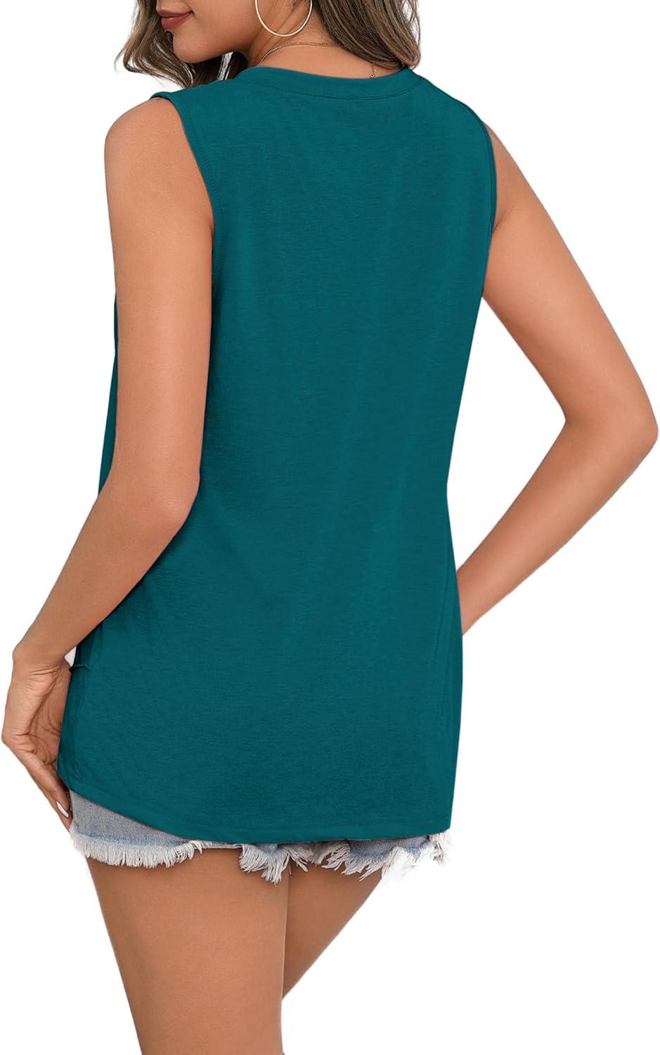 imageZeagoo Beach Vacation Clothes for Women Pleated High Neck Flowy Sleeveless Tank Tops Summer Loose Fit Tunic BlousesBlue Green