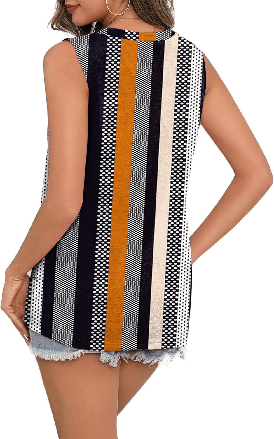 imageZeagoo Beach Vacation Clothes for Women Pleated High Neck Flowy Sleeveless Tank Tops Summer Loose Fit Tunic BlousesKhaki Stripe