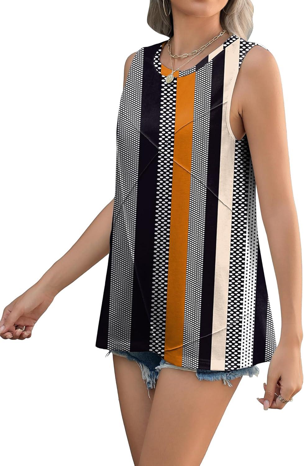 imageZeagoo Beach Vacation Clothes for Women Pleated High Neck Flowy Sleeveless Tank Tops Summer Loose Fit Tunic BlousesKhaki Stripe