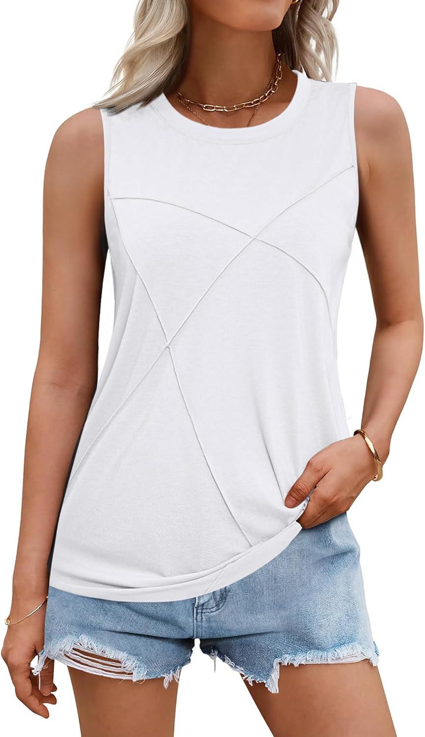 imageZeagoo Beach Vacation Clothes for Women Pleated High Neck Flowy Sleeveless Tank Tops Summer Loose Fit Tunic BlousesWhite