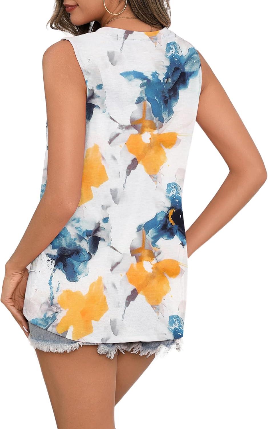 imageZeagoo Beach Vacation Clothes for Women Pleated High Neck Flowy Sleeveless Tank Tops Summer Loose Fit Tunic BlousesWhite Blue Flower
