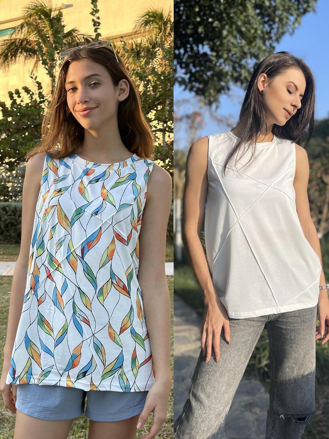 imageZeagoo Beach Vacation Clothes for Women Pleated High Neck Flowy Sleeveless Tank Tops Summer Loose Fit Tunic BlousesWhite Blue Flower