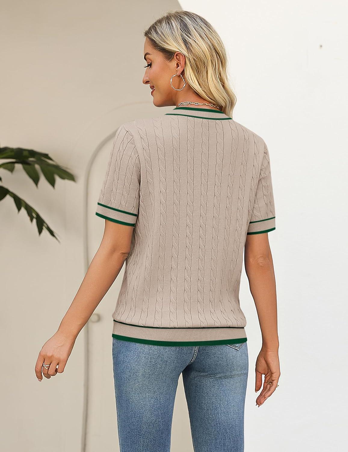 imageZeagoo Cable Short Sleeve Sweaters for Women Summer Spring Cute Tops 2026 Trendy Business Causal Outfits Work Blouses ClothesApricot Green Stripe