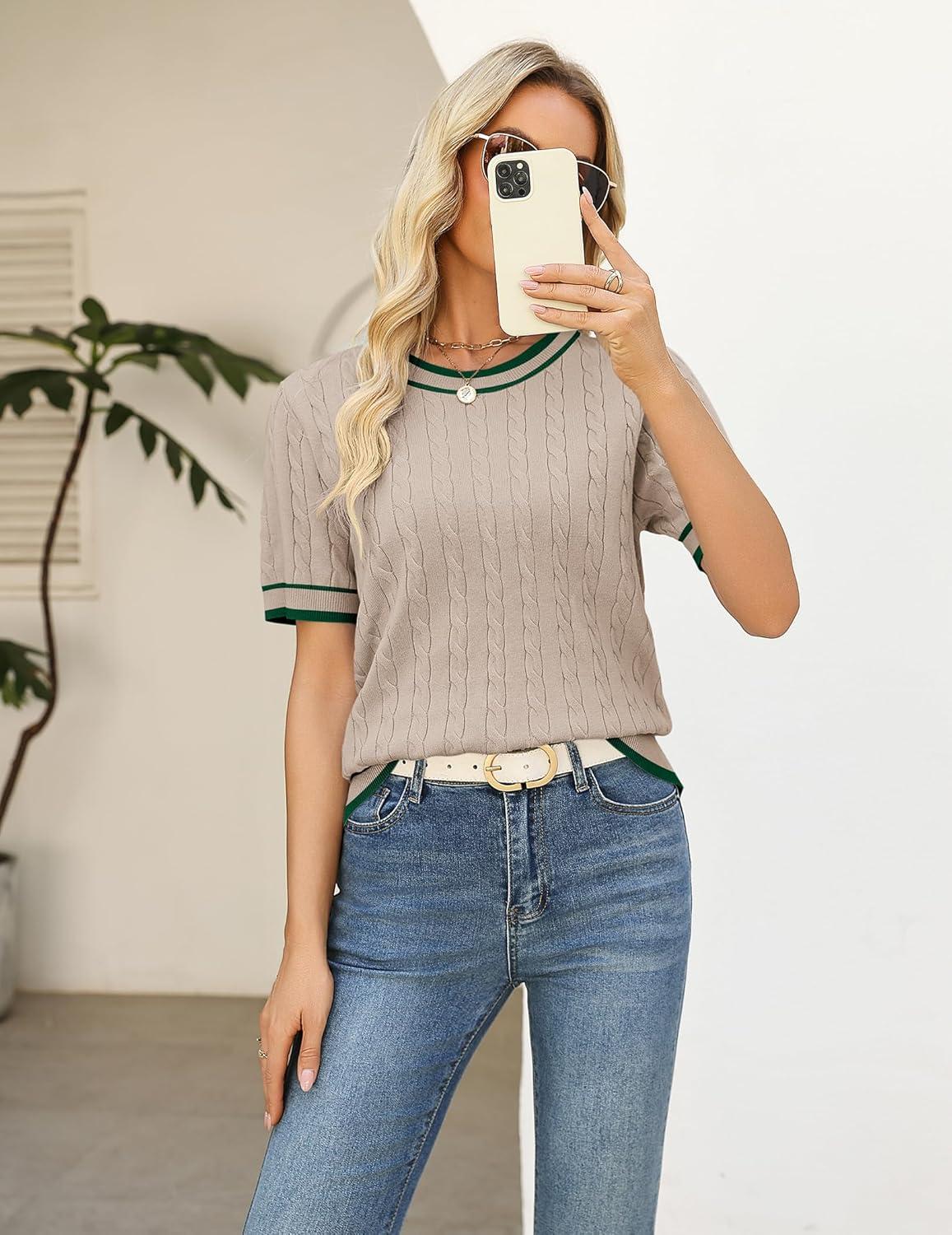 imageZeagoo Cable Short Sleeve Sweaters for Women Summer Spring Cute Tops 2026 Trendy Business Causal Outfits Work Blouses ClothesApricot Green Stripe