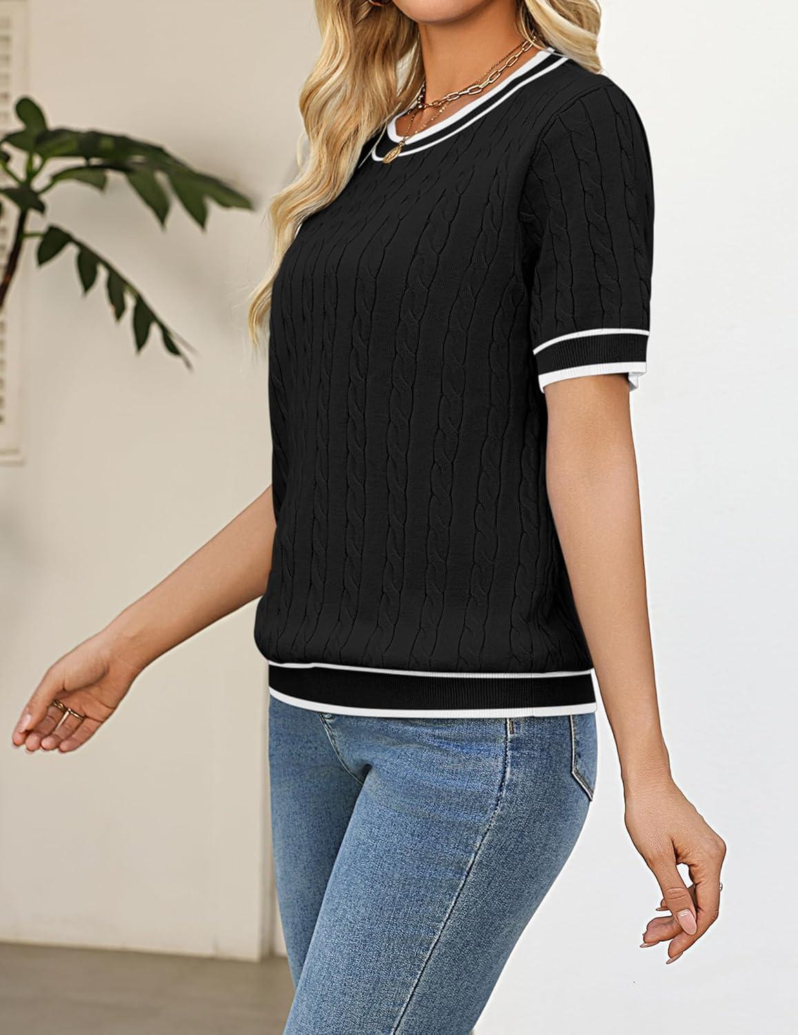 imageZeagoo Cable Short Sleeve Sweaters for Women Summer Spring Cute Tops 2026 Trendy Business Causal Outfits Work Blouses ClothesBlack White Stripe