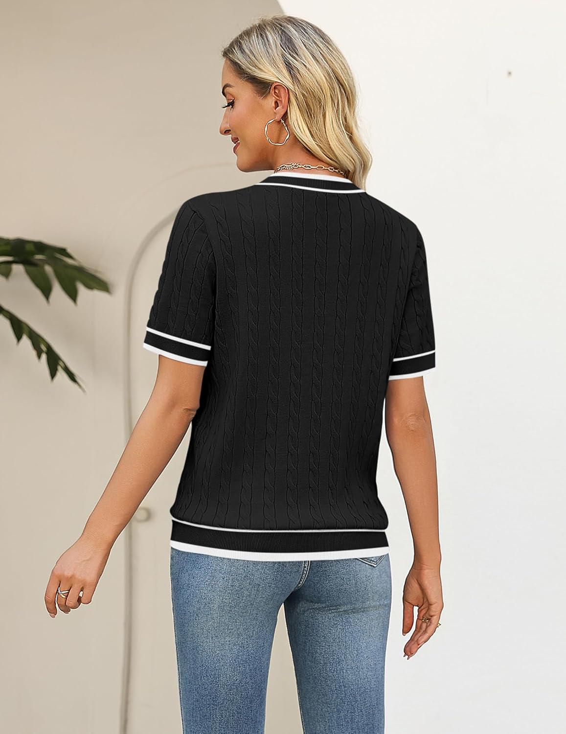 imageZeagoo Cable Short Sleeve Sweaters for Women Summer Spring Cute Tops 2026 Trendy Business Causal Outfits Work Blouses ClothesBlack White Stripe