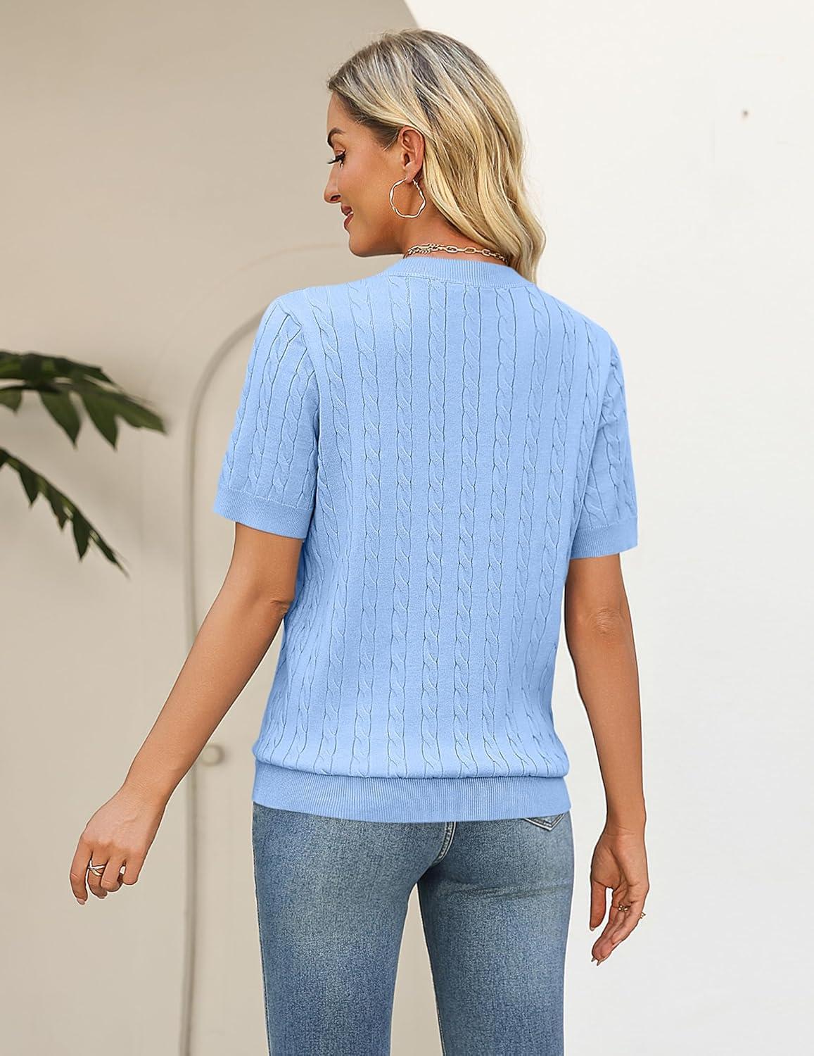 imageZeagoo Cable Short Sleeve Sweaters for Women Summer Spring Cute Tops 2026 Trendy Business Causal Outfits Work Blouses ClothesBlue