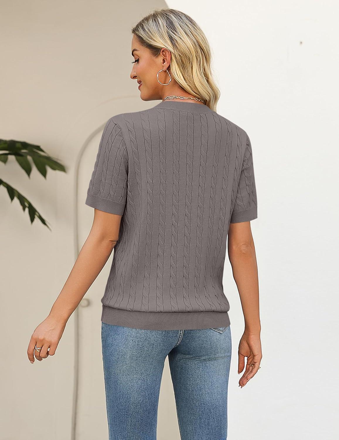 imageZeagoo Cable Short Sleeve Sweaters for Women Summer Spring Cute Tops 2026 Trendy Business Causal Outfits Work Blouses ClothesCoffee