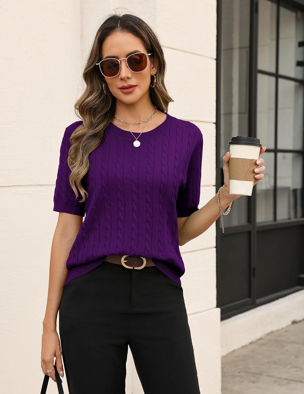 imageZeagoo Cable Short Sleeve Sweaters for Women Summer Spring Cute Tops 2026 Trendy Business Causal Outfits Work Blouses ClothesDark Purple