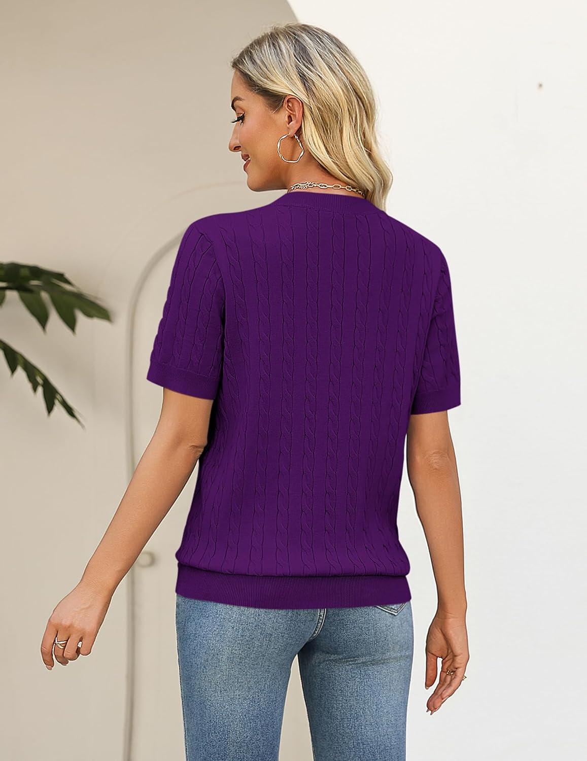 imageZeagoo Cable Short Sleeve Sweaters for Women Summer Spring Cute Tops 2026 Trendy Business Causal Outfits Work Blouses ClothesDark Purple