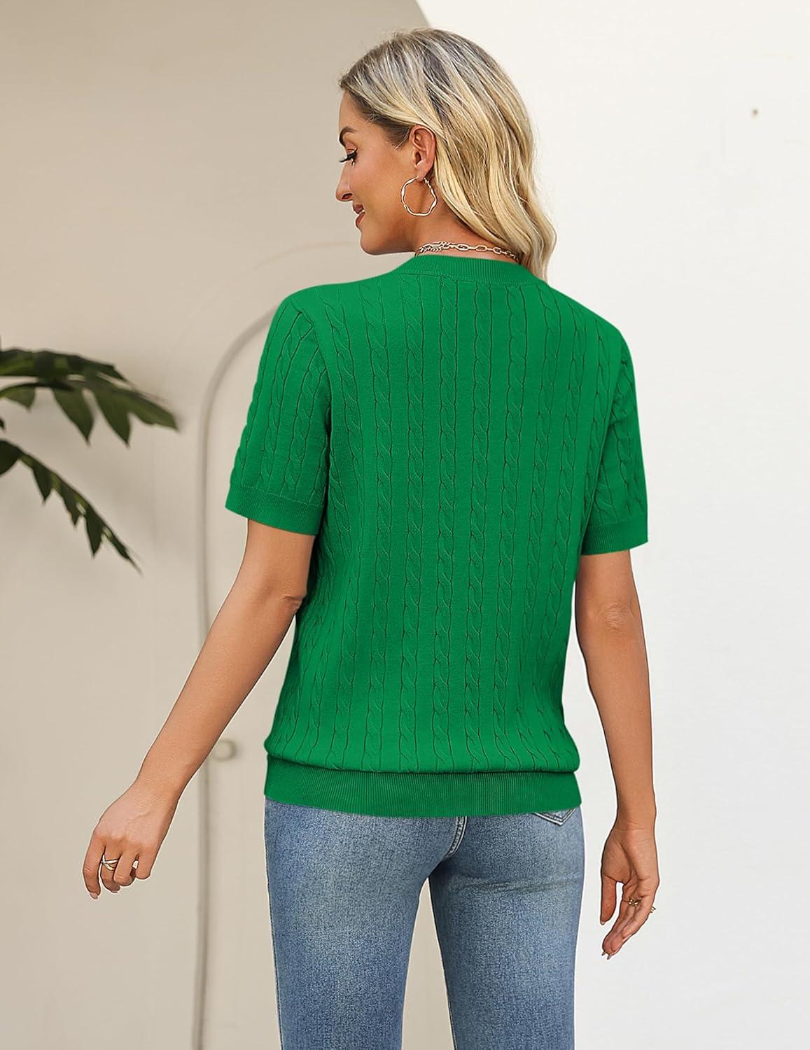 imageZeagoo Cable Short Sleeve Sweaters for Women Summer Spring Cute Tops 2026 Trendy Business Causal Outfits Work Blouses ClothesGreen