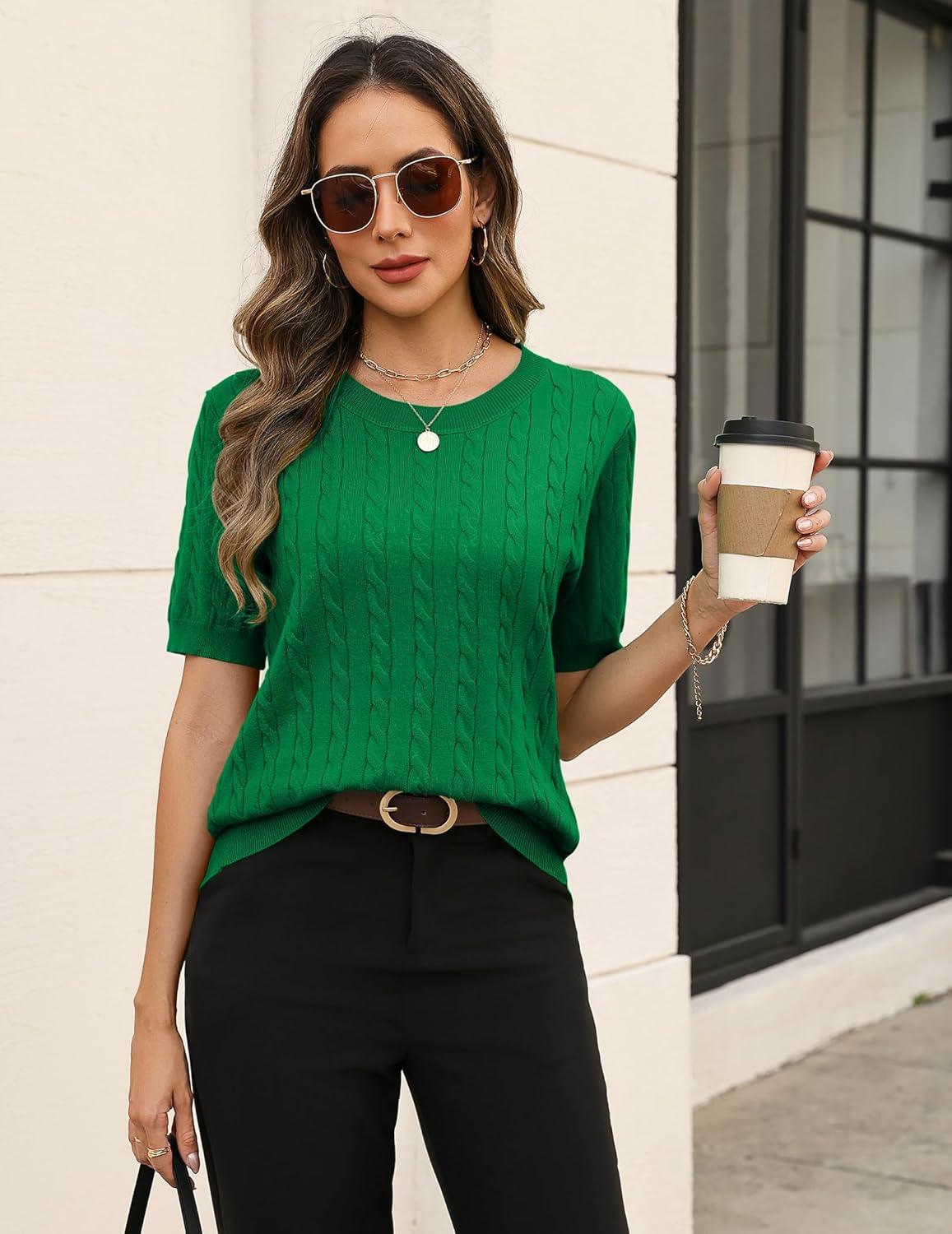 imageZeagoo Cable Short Sleeve Sweaters for Women Summer Spring Cute Tops 2026 Trendy Business Causal Outfits Work Blouses ClothesGreen