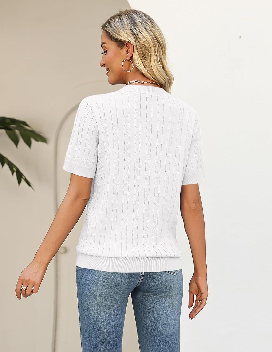 imageZeagoo Cable Short Sleeve Sweaters for Women Summer Spring Cute Tops 2026 Trendy Business Causal Outfits Work Blouses ClothesWhite