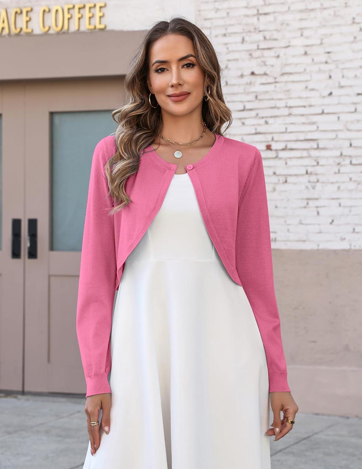 imageZeagoo Cropped Cardigan Sweaters for Women Long Sleeve Knit Open Front Bolero Shrug for DressesHot Pink
