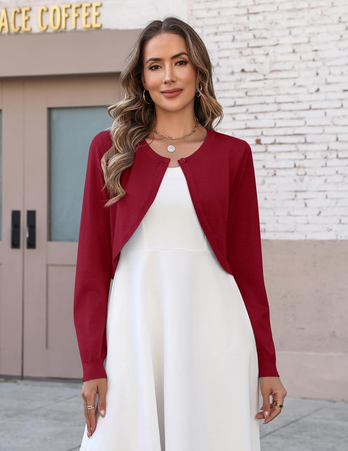 imageZeagoo Cropped Cardigan Sweaters for Women Long Sleeve Knit Open Front Bolero Shrug for DressesRed