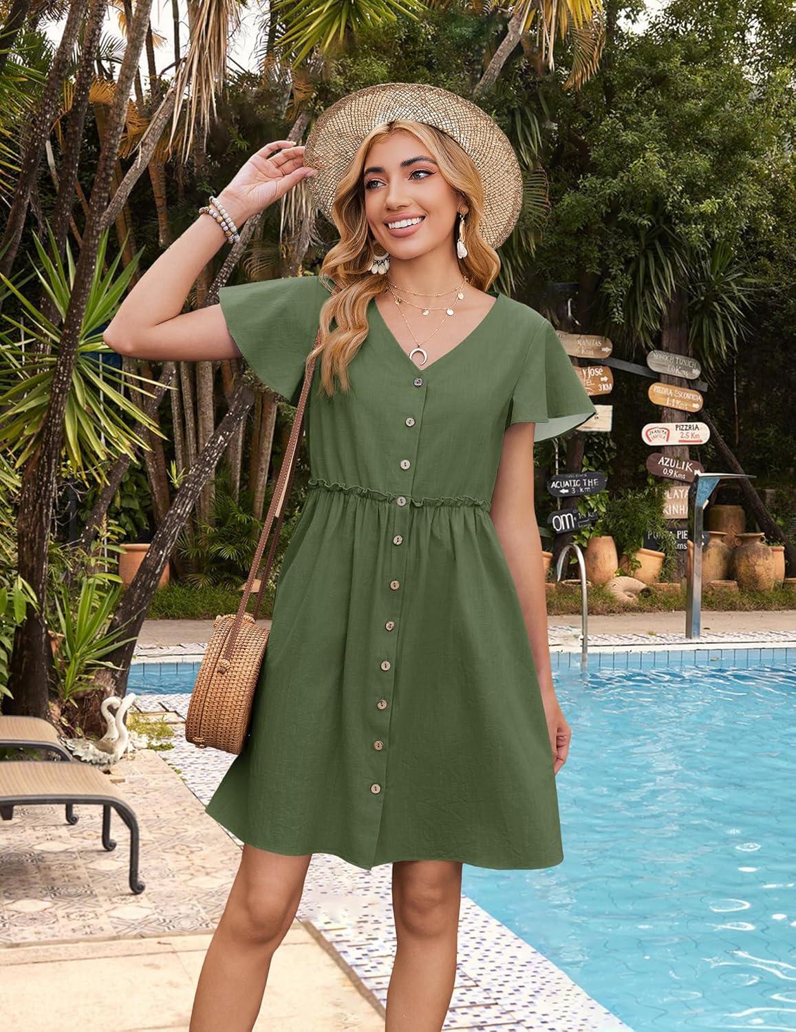 imageZeagoo Summer Dress with Flutter Sleeves Cotton Linen Beach A Line Casual DressArmy Green