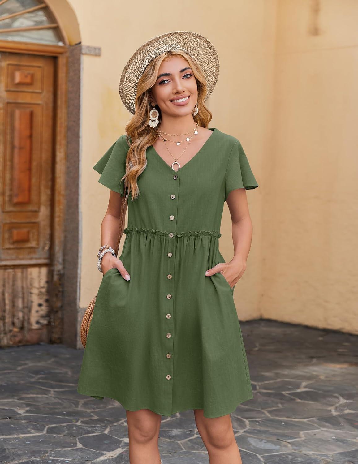imageZeagoo Summer Dress with Flutter Sleeves Cotton Linen Beach A Line Casual DressArmy Green