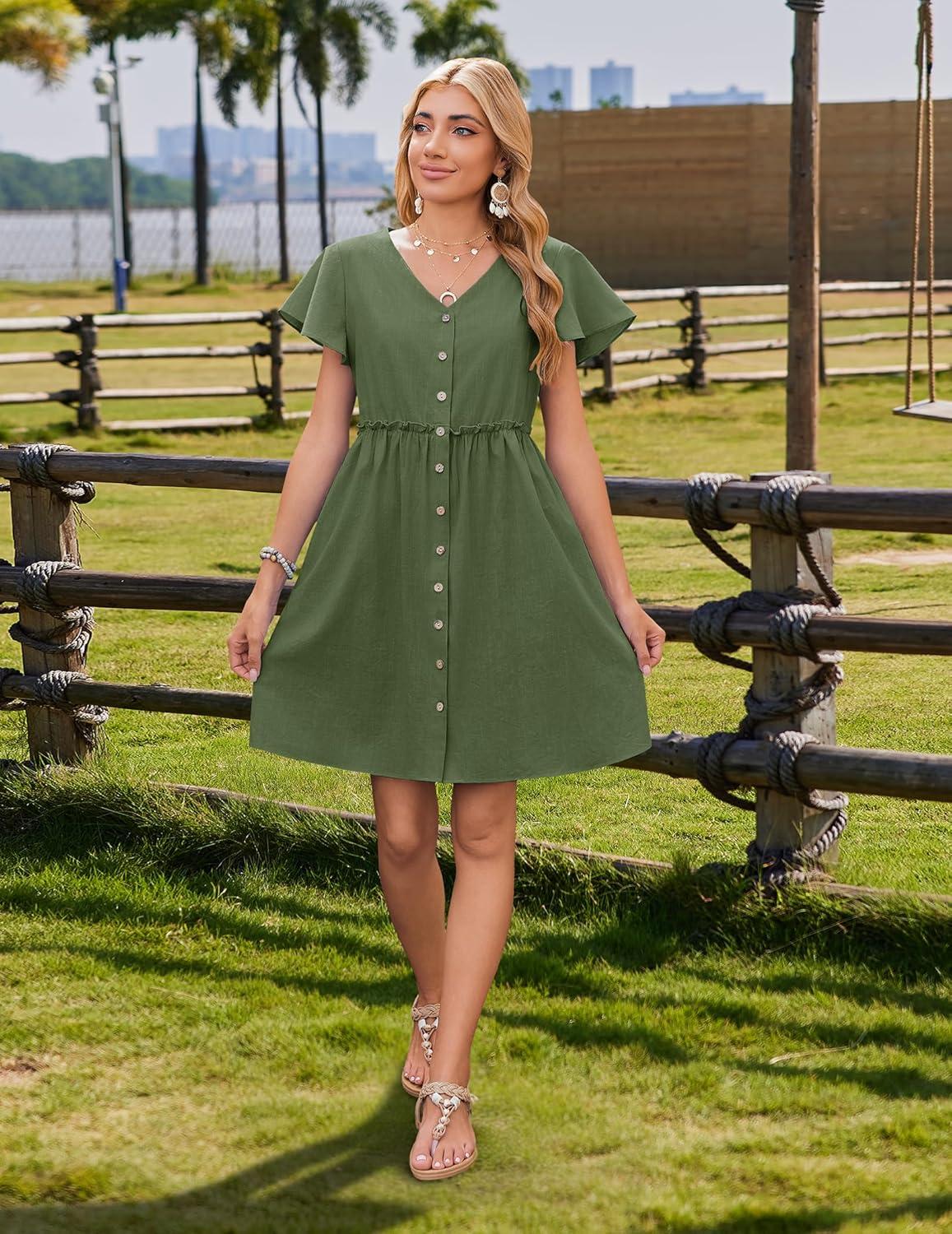 imageZeagoo Summer Dress with Flutter Sleeves Cotton Linen Beach A Line Casual DressArmy Green