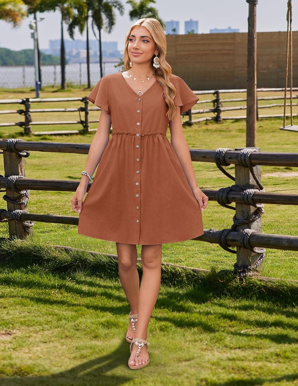 imageZeagoo Summer Dress with Flutter Sleeves Cotton Linen Beach A Line Casual DressCaramel