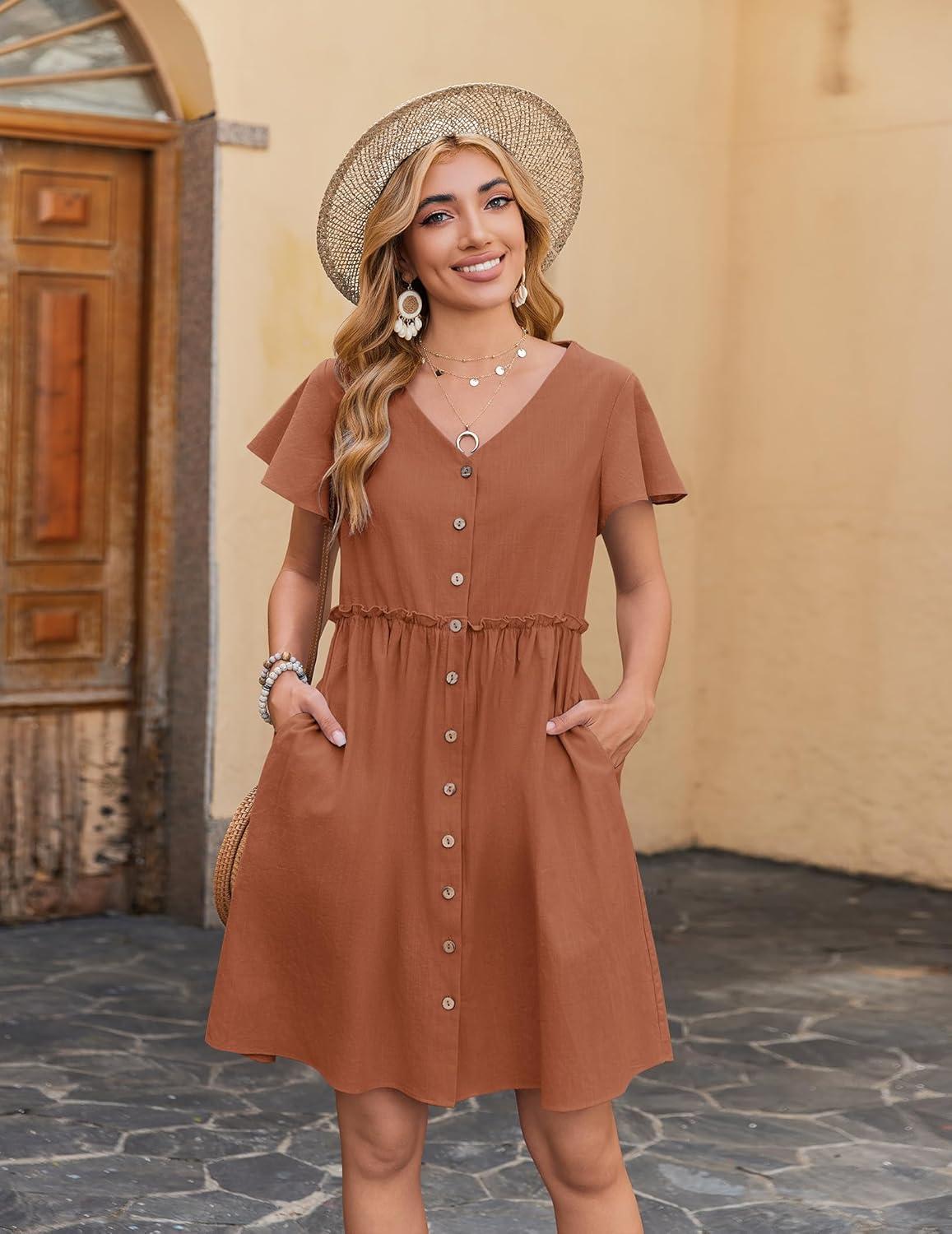 imageZeagoo Summer Dress with Flutter Sleeves Cotton Linen Beach A Line Casual DressCaramel