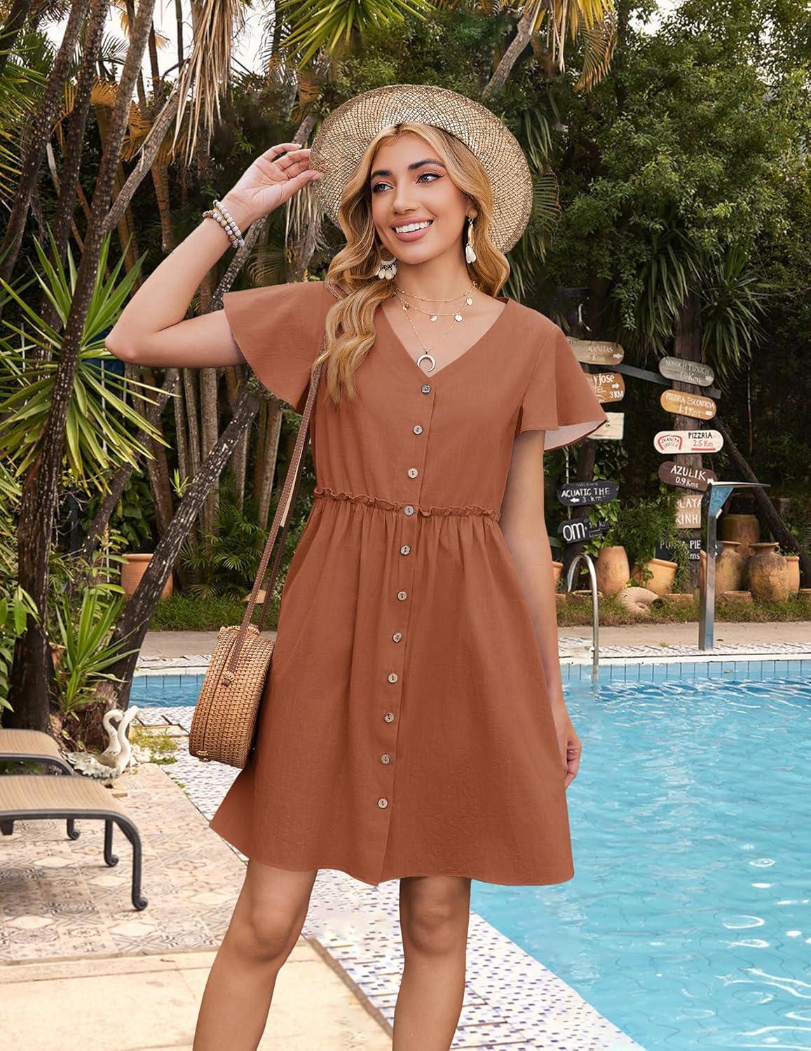 imageZeagoo Summer Dress with Flutter Sleeves Cotton Linen Beach A Line Casual DressCaramel