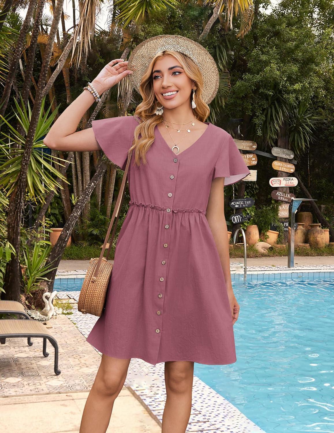imageZeagoo Summer Dress with Flutter Sleeves Cotton Linen Beach A Line Casual DressDusty Pink