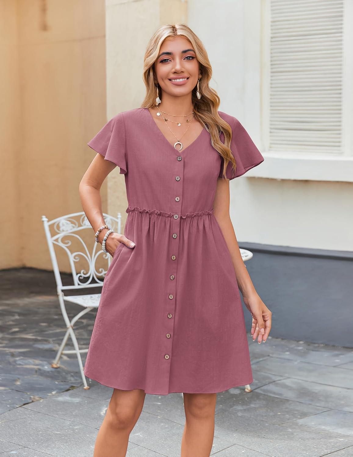 imageZeagoo Summer Dress with Flutter Sleeves Cotton Linen Beach A Line Casual DressDusty Pink