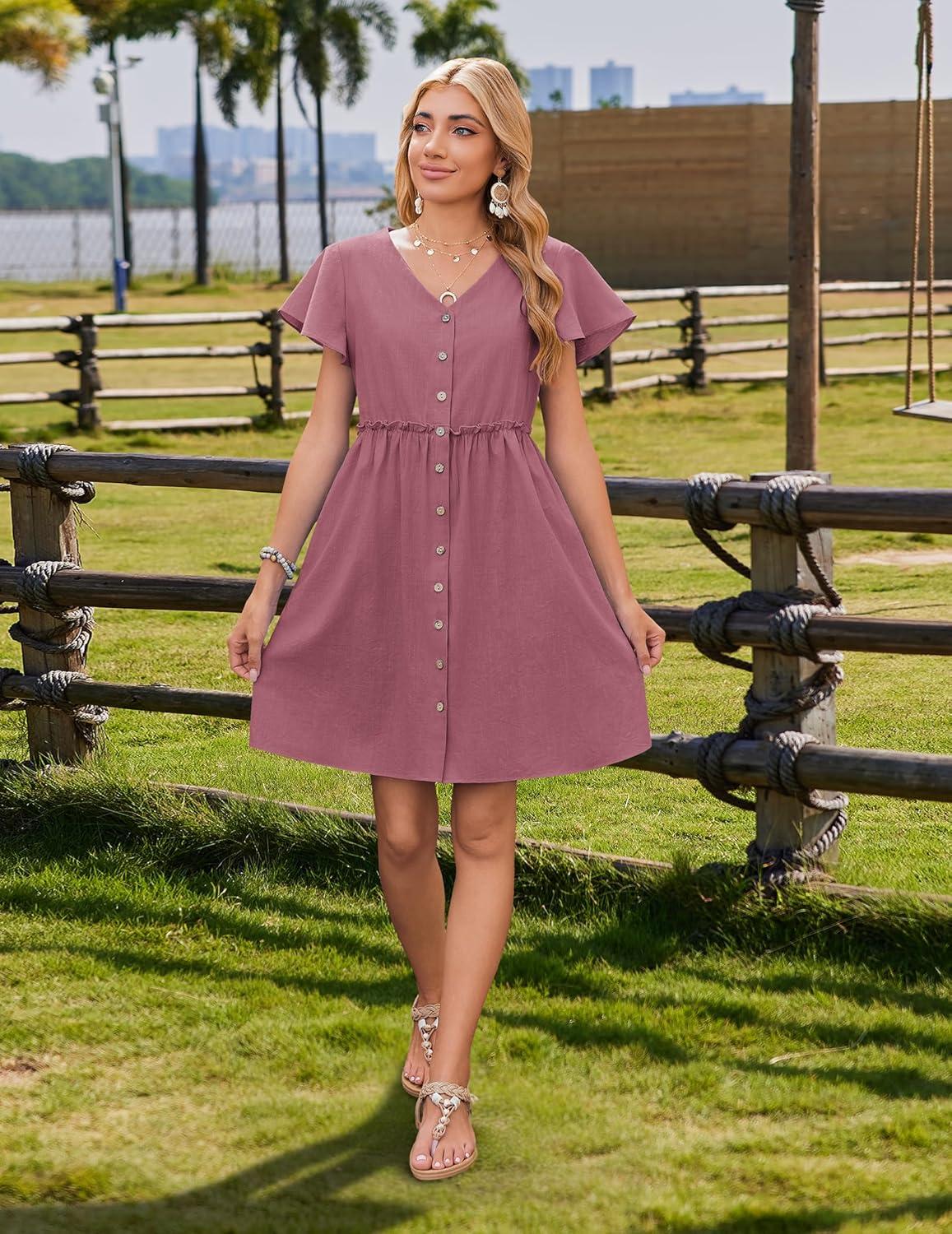 imageZeagoo Summer Dress with Flutter Sleeves Cotton Linen Beach A Line Casual DressDusty Pink