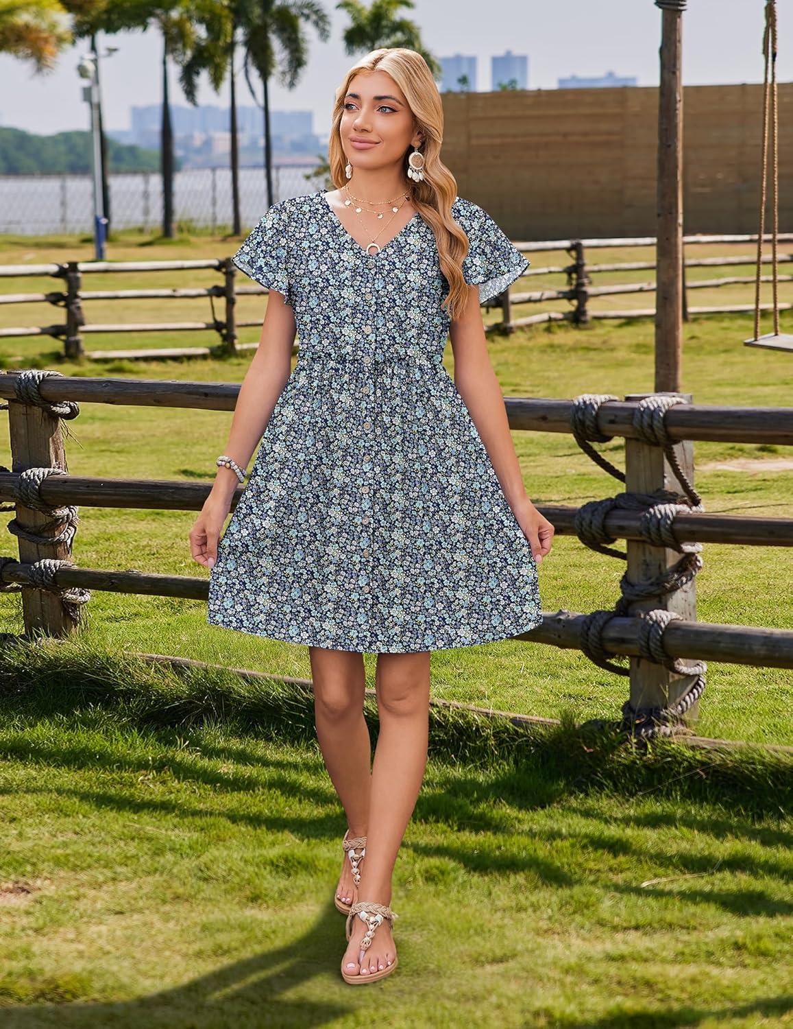 imageZeagoo Summer Dress with Flutter Sleeves Cotton Linen Beach A Line Casual DressPrinted Blue