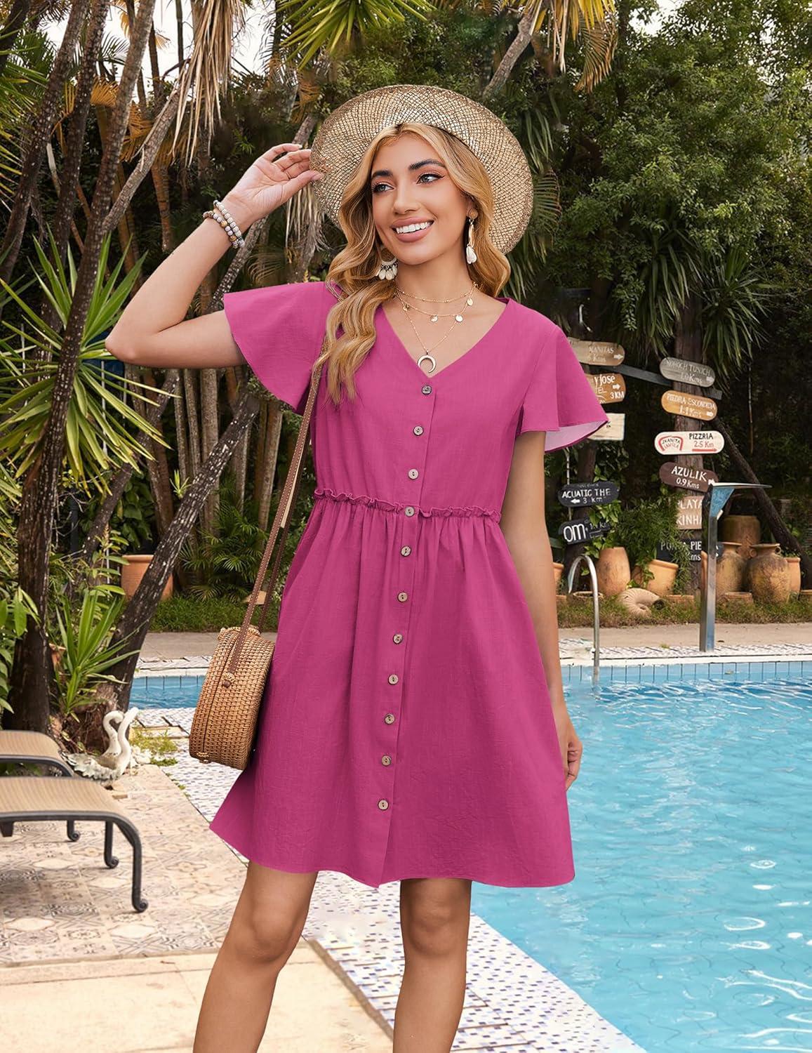 imageZeagoo Summer Dress with Flutter Sleeves Cotton Linen Beach A Line Casual DressRose Red