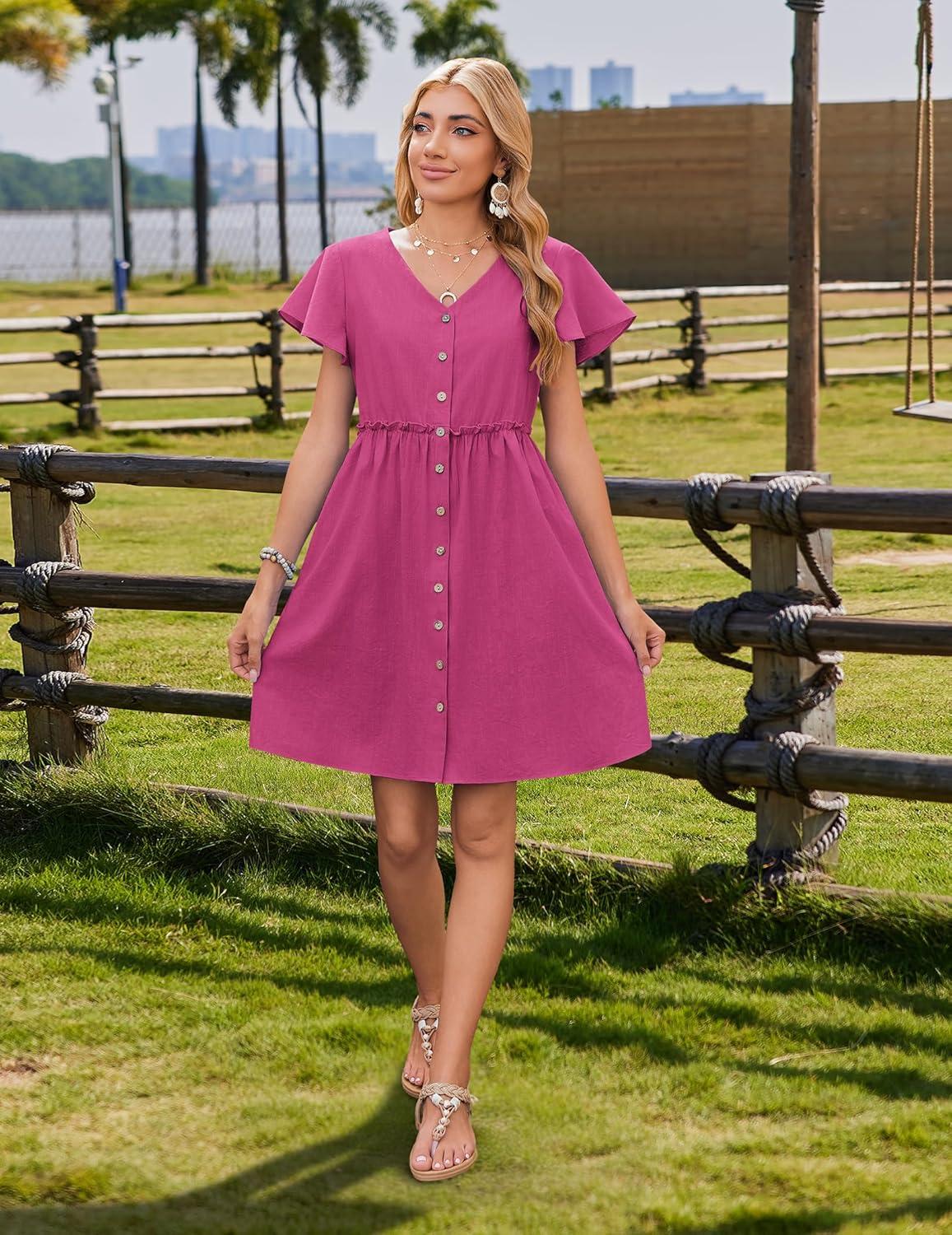 imageZeagoo Summer Dress with Flutter Sleeves Cotton Linen Beach A Line Casual DressRose Red