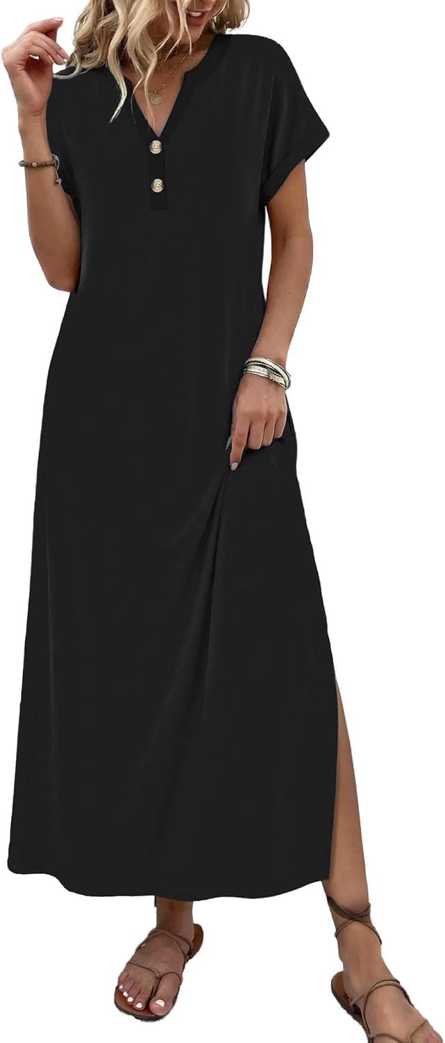 imageZeagoo Summer Dresses for Women 2026 Maxi Dresses Vacation Sundress Short Sleeve Casual Sundresses Split Dress with PocketsAblack