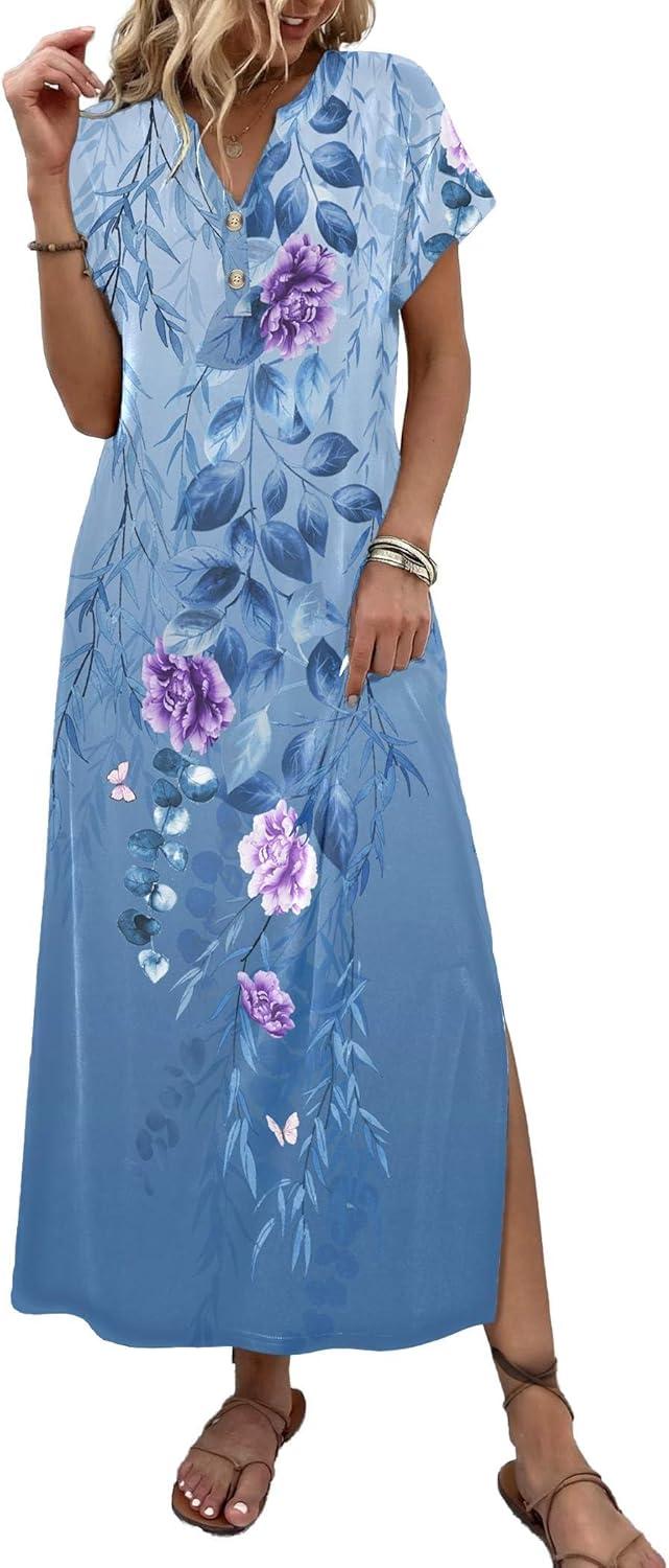 imageZeagoo Summer Dresses for Women 2026 Maxi Dresses Vacation Sundress Short Sleeve Casual Sundresses Split Dress with PocketsAfloralbf171