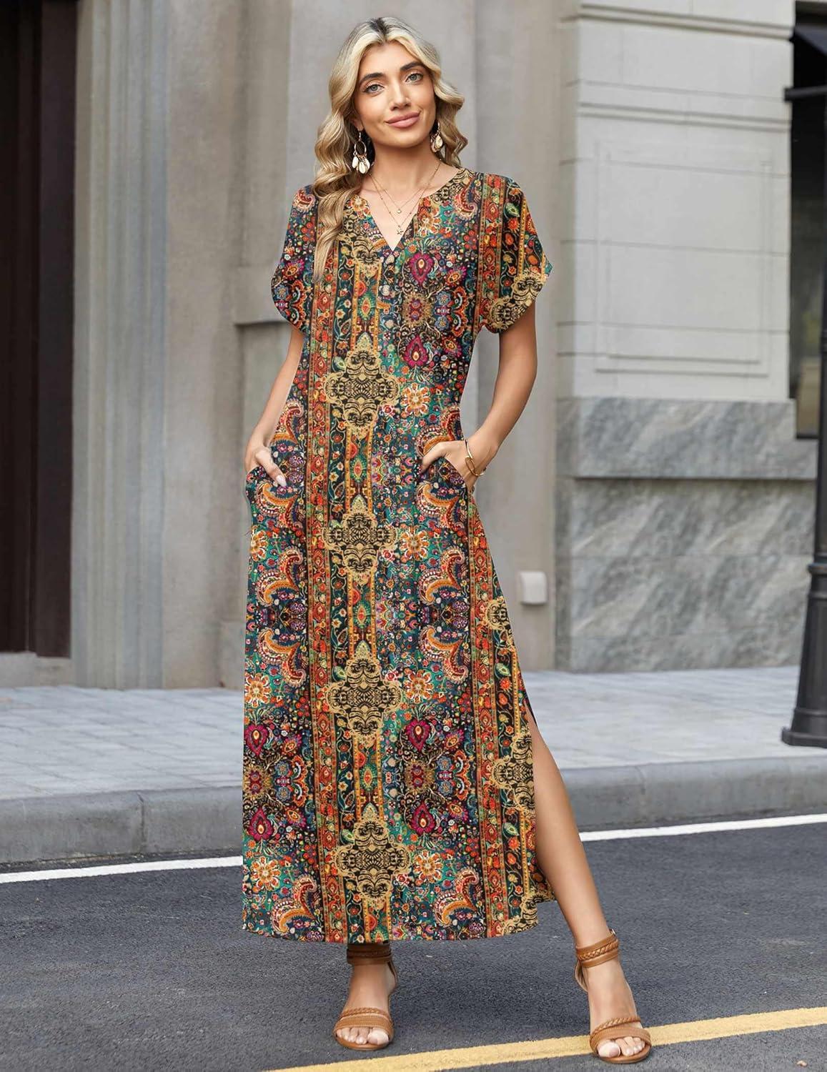 imageZeagoo Summer Dresses for Women 2026 Maxi Dresses Vacation Sundress Short Sleeve Casual Sundresses Split Dress with PocketsAfloralmz721