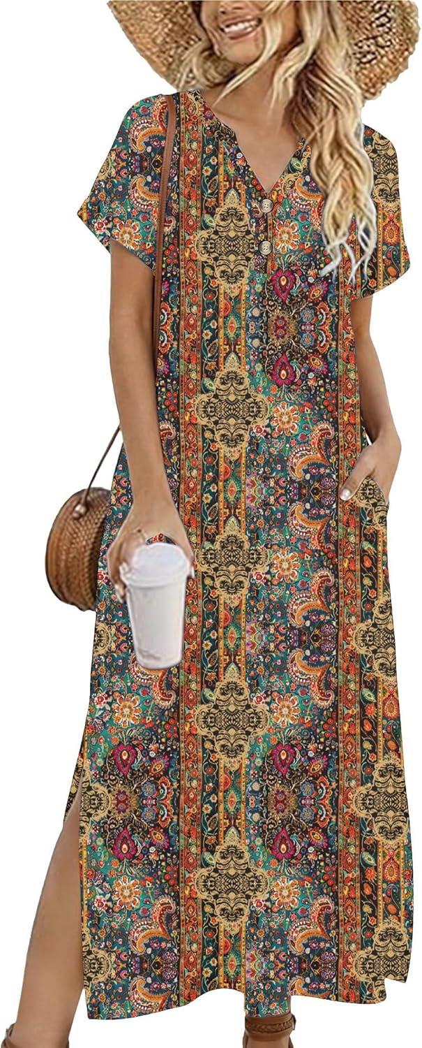 imageZeagoo Summer Dresses for Women 2026 Maxi Dresses Vacation Sundress Short Sleeve Casual Sundresses Split Dress with PocketsAfloralmz721