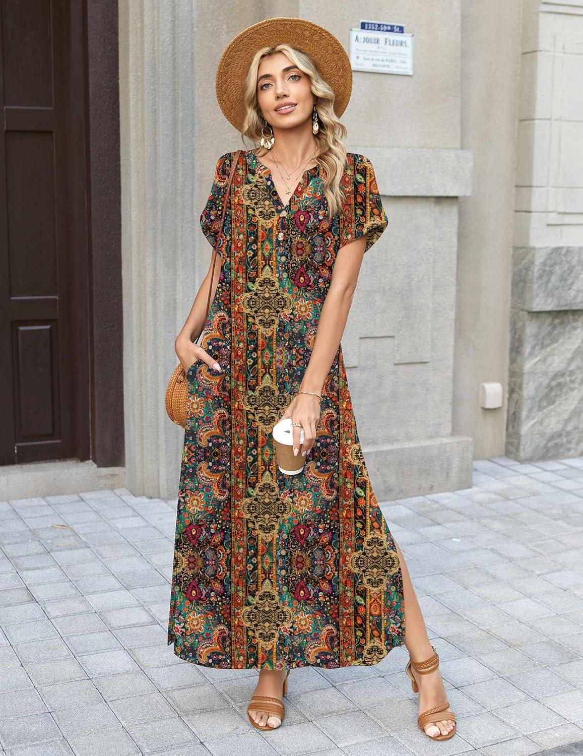 imageZeagoo Summer Dresses for Women 2026 Maxi Dresses Vacation Sundress Short Sleeve Casual Sundresses Split Dress with PocketsAfloralmz721