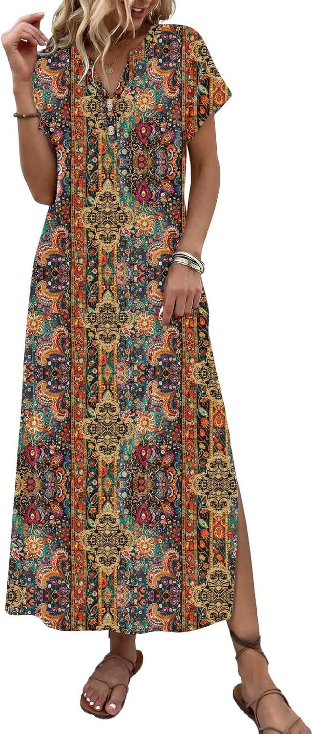 imageZeagoo Summer Dresses for Women 2026 Maxi Dresses Vacation Sundress Short Sleeve Casual Sundresses Split Dress with PocketsAfloralmz721