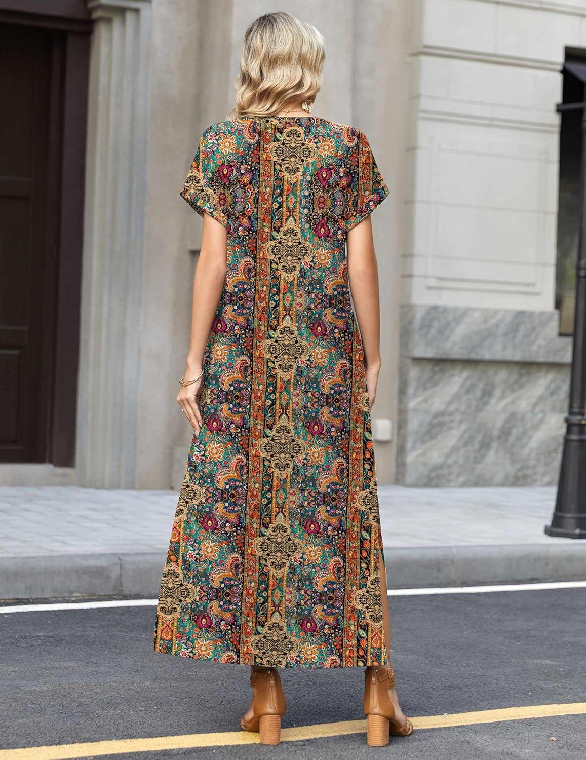 imageZeagoo Summer Dresses for Women 2026 Maxi Dresses Vacation Sundress Short Sleeve Casual Sundresses Split Dress with PocketsAfloralmz721