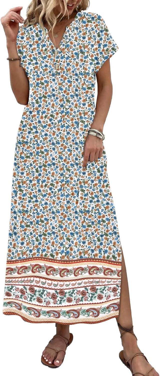 imageZeagoo Summer Dresses for Women 2026 Maxi Dresses Vacation Sundress Short Sleeve Casual Sundresses Split Dress with PocketsAfloralmz914