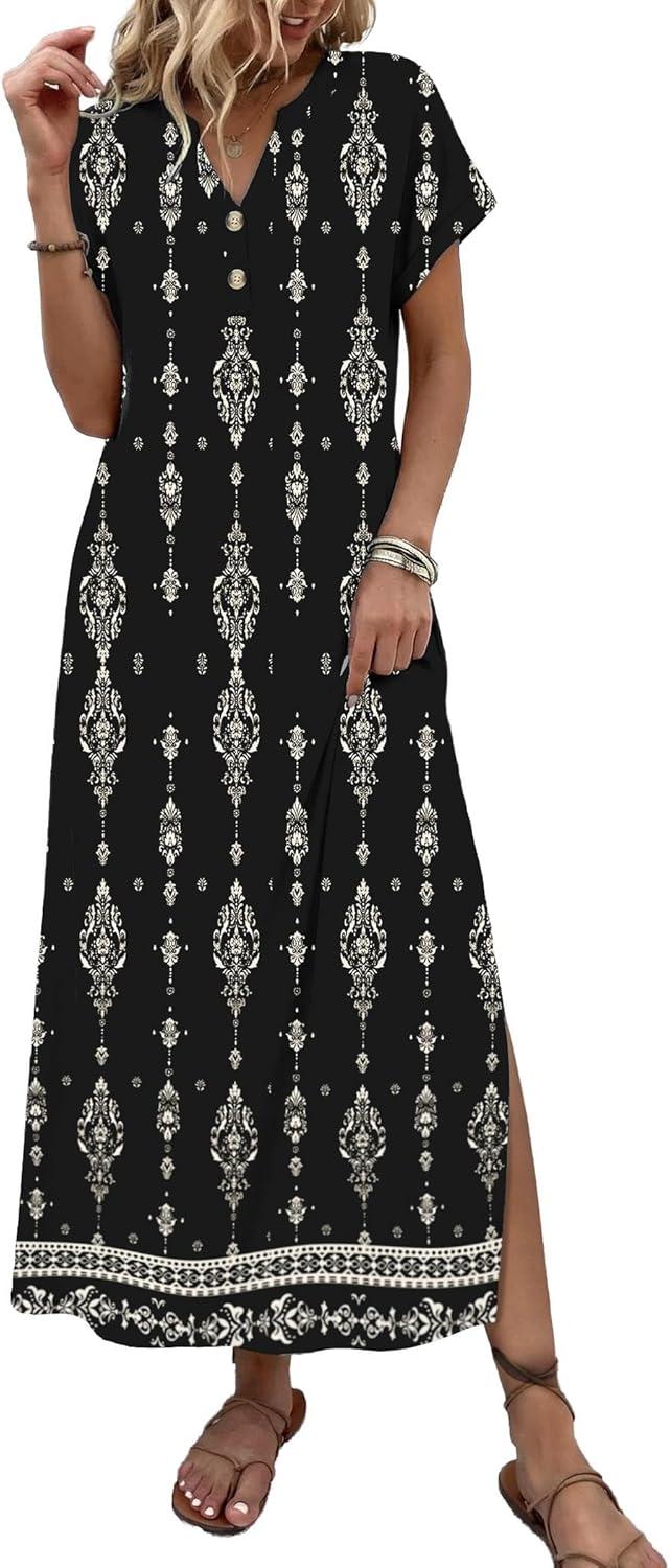 imageZeagoo Summer Dresses for Women 2026 Maxi Dresses Vacation Sundress Short Sleeve Casual Sundresses Split Dress with PocketsAfloralmz921
