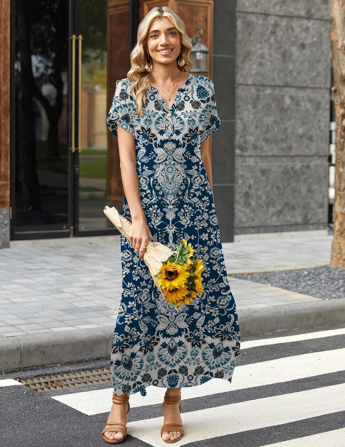 imageZeagoo Summer Dresses for Women 2026 Maxi Dresses Vacation Sundress Short Sleeve Casual Sundresses Split Dress with PocketsAfloralmz924