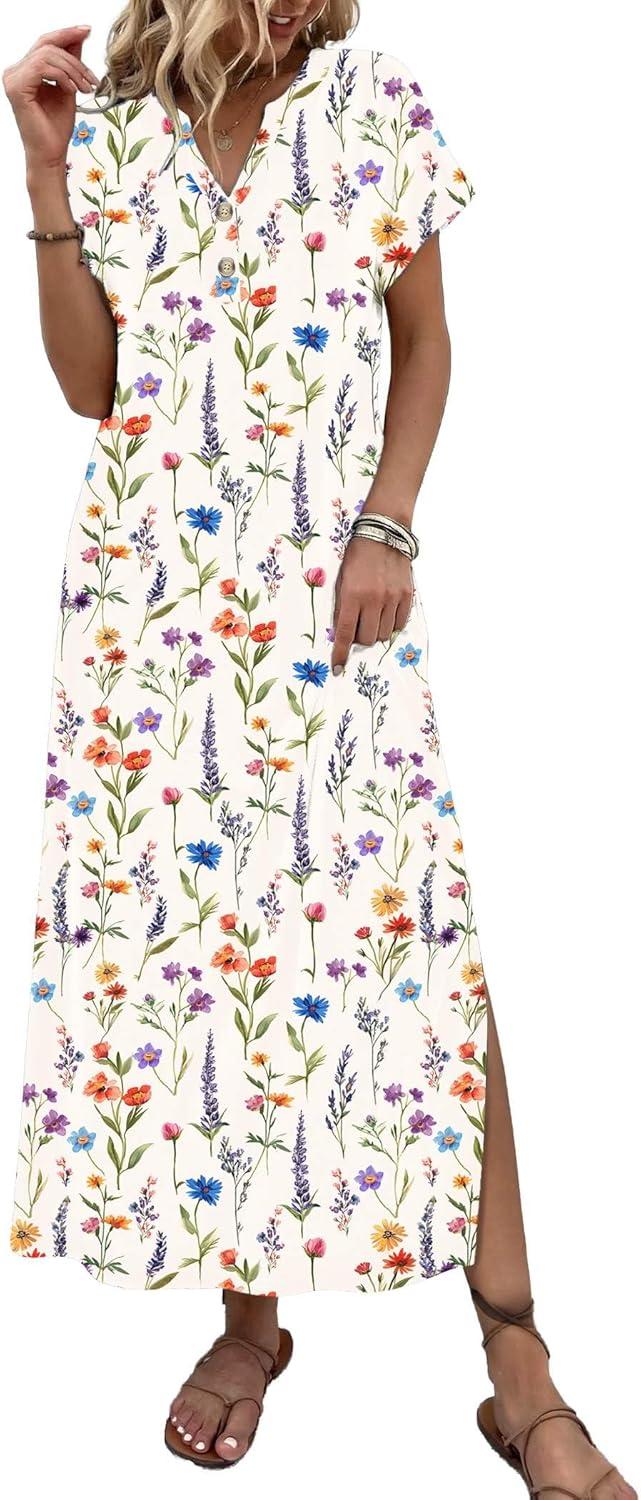 imageZeagoo Summer Dresses for Women 2026 Maxi Dresses Vacation Sundress Short Sleeve Casual Sundresses Split Dress with PocketsAfloralwf109