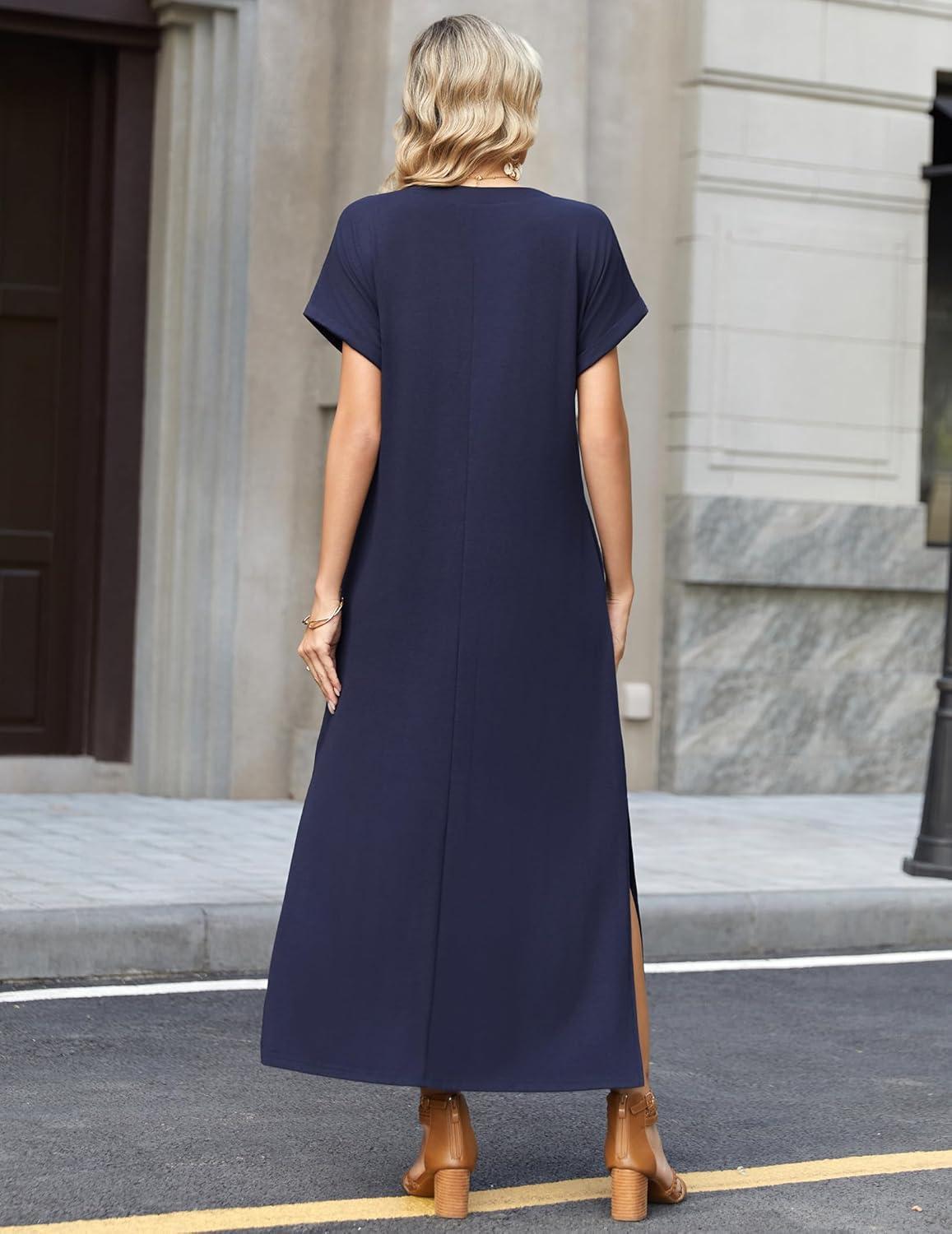 imageZeagoo Summer Dresses for Women 2026 Maxi Dresses Vacation Sundress Short Sleeve Casual Sundresses Split Dress with PocketsBlue