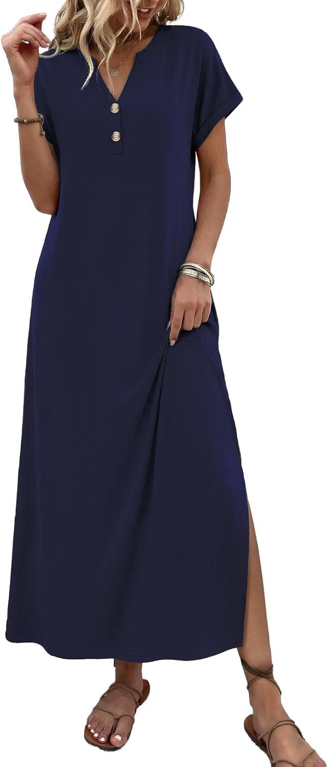 imageZeagoo Summer Dresses for Women 2026 Maxi Dresses Vacation Sundress Short Sleeve Casual Sundresses Split Dress with PocketsBlue