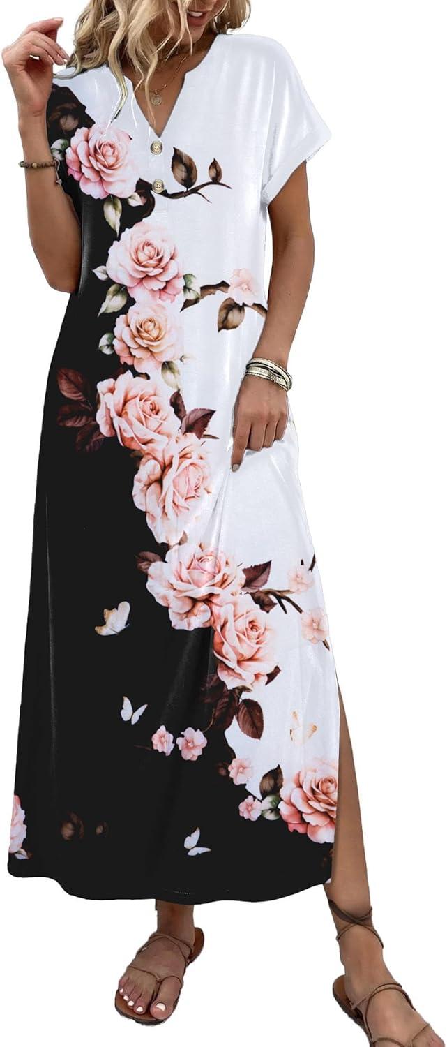 imageZeagoo Summer Dresses for Women 2026 Maxi Dresses Vacation Sundress Short Sleeve Casual Sundresses Split Dress with PocketsFloralbf348