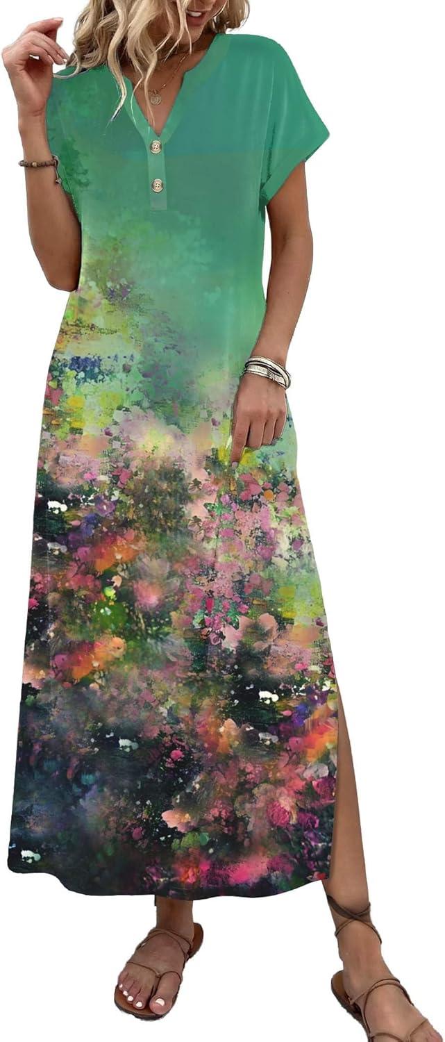 imageZeagoo Summer Dresses for Women 2026 Maxi Dresses Vacation Sundress Short Sleeve Casual Sundresses Split Dress with PocketsFloralcx322