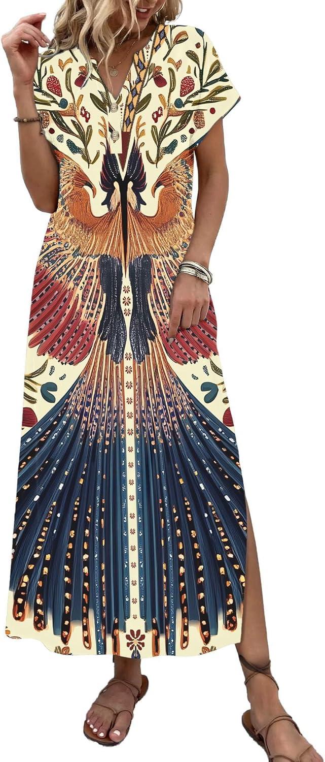 imageZeagoo Summer Dresses for Women 2026 Maxi Dresses Vacation Sundress Short Sleeve Casual Sundresses Split Dress with PocketsFloraldw179