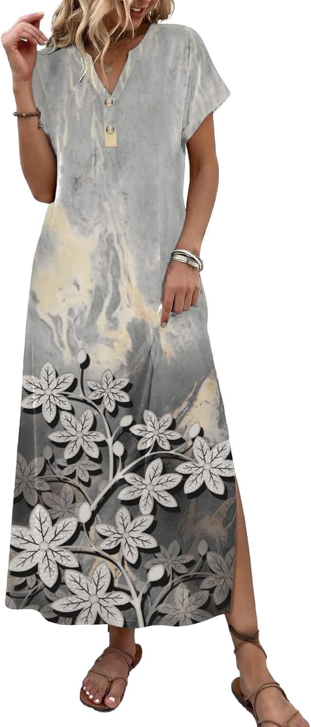 imageZeagoo Summer Dresses for Women 2026 Maxi Dresses Vacation Sundress Short Sleeve Casual Sundresses Split Dress with PocketsFloralsf312