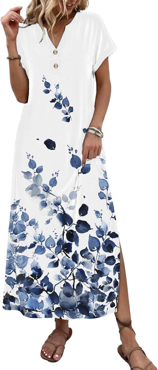 imageZeagoo Summer Dresses for Women 2026 Maxi Dresses Vacation Sundress Short Sleeve Casual Sundresses Split Dress with PocketsFloralwf118